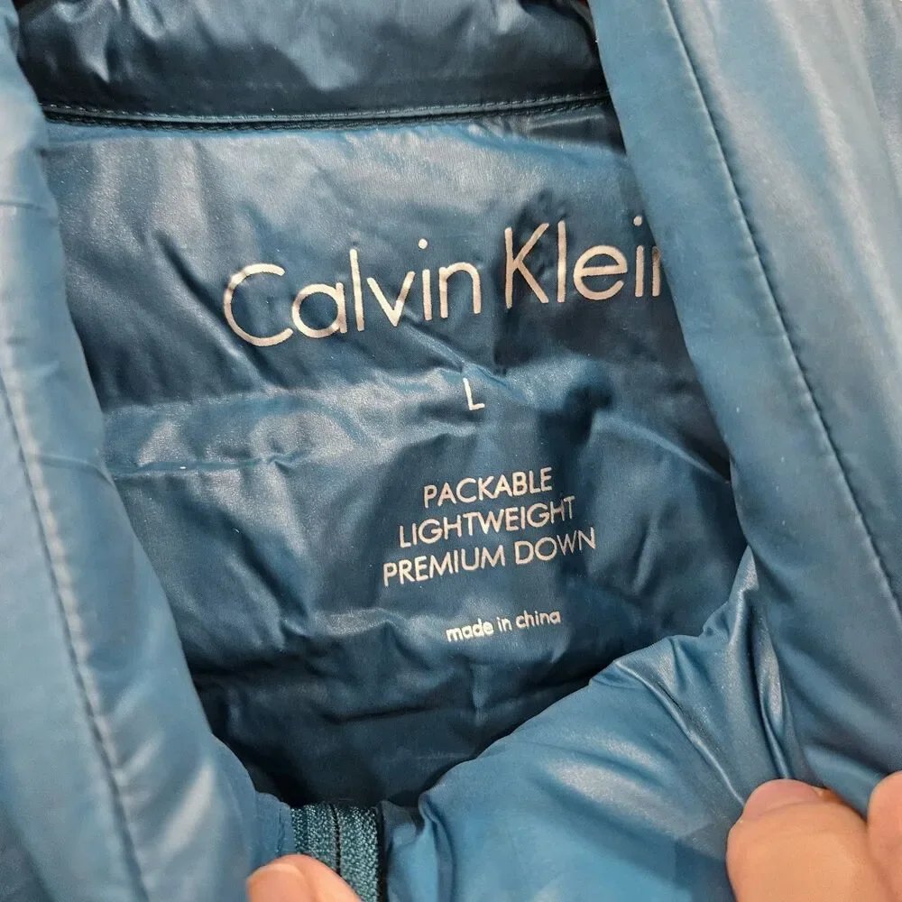 Calvin Klein Womens Packable Premium Down Puffer Jacket L Teal Blue Lightweight